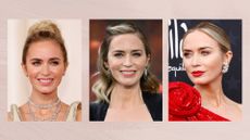 Collage of three vertical images of Emily Blunt set against a dusky pink watercolour background