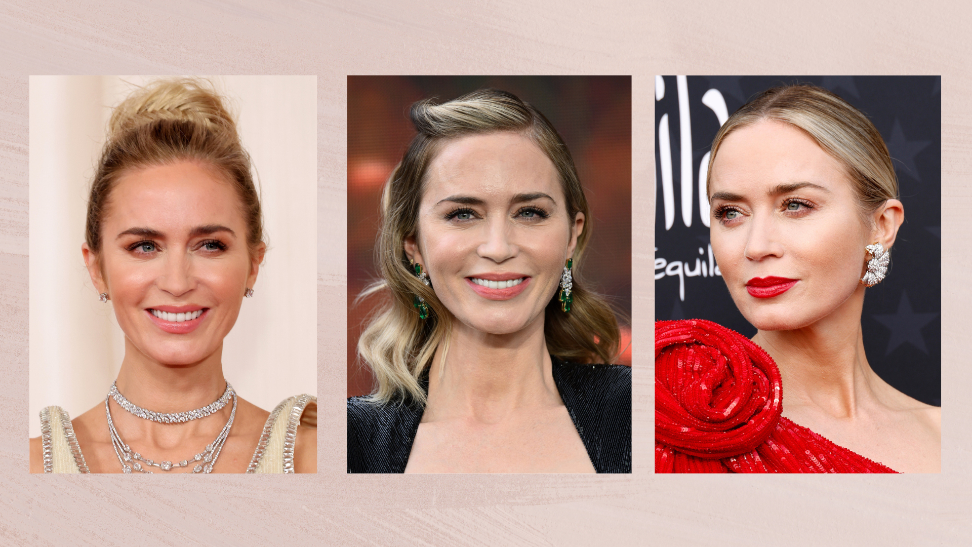 Collage of three vertical images of Emily Blunt set against a dusky pink watercolour background