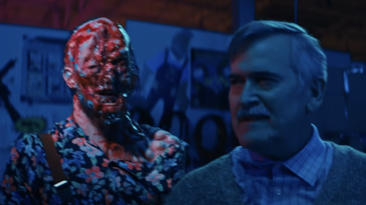 Bruce Campbell as Jonathan with a zombie behind his back in Black Friday