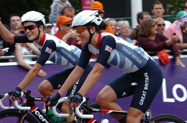 Great Britain's Lizze Armitstead, left, and Lucy Martin get ready for the start