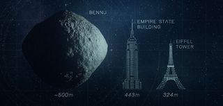 A image comparing the size of asteroid Bennu to the Empire State Building and the Eiffel Tower.