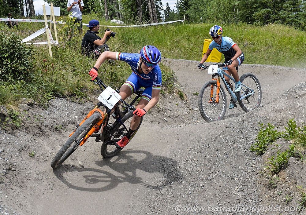 Catharine Pendrel (Clif Pro Team) leading Emily Batty (Trek Factory Racing) as they exit Flow Trail