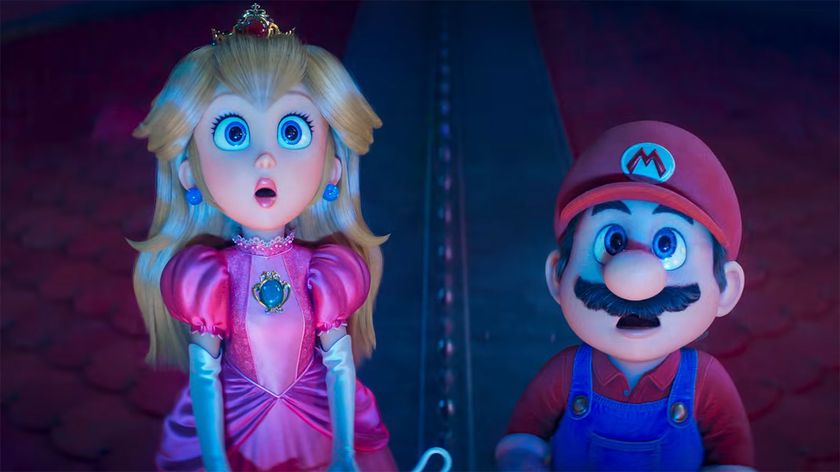 Peach and Mario looking up with open mouths in The Super Mario Galaxy Movie