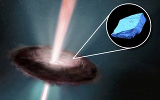 An illustration of the early solar disk, with an inset image of a blue hibonite crystal, one of the first minerals to form in the solar system.