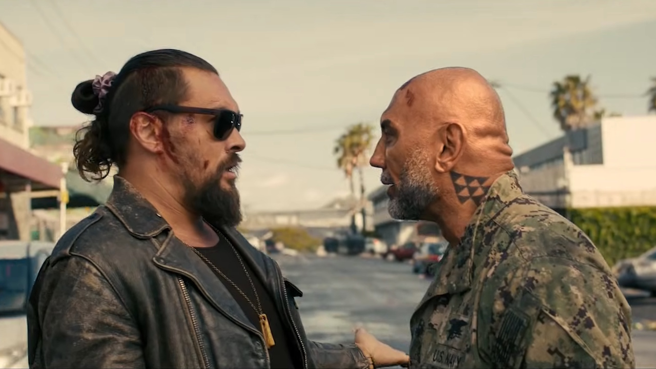 Dave Bautista and Jason Momoa are shown in The Wrecking Crew trailer.