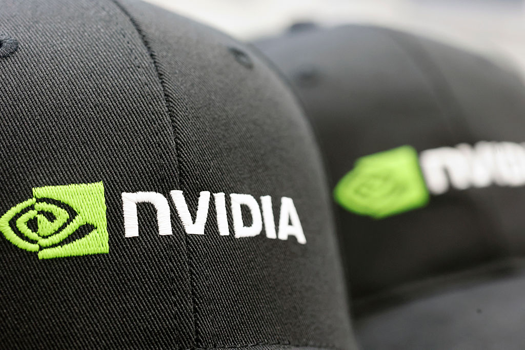 The logo of the world's most valuable company Nvidia on a baseball cap
