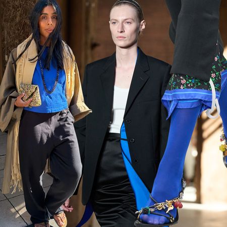 Collage of an influencer and runway models wearing cobalt blue