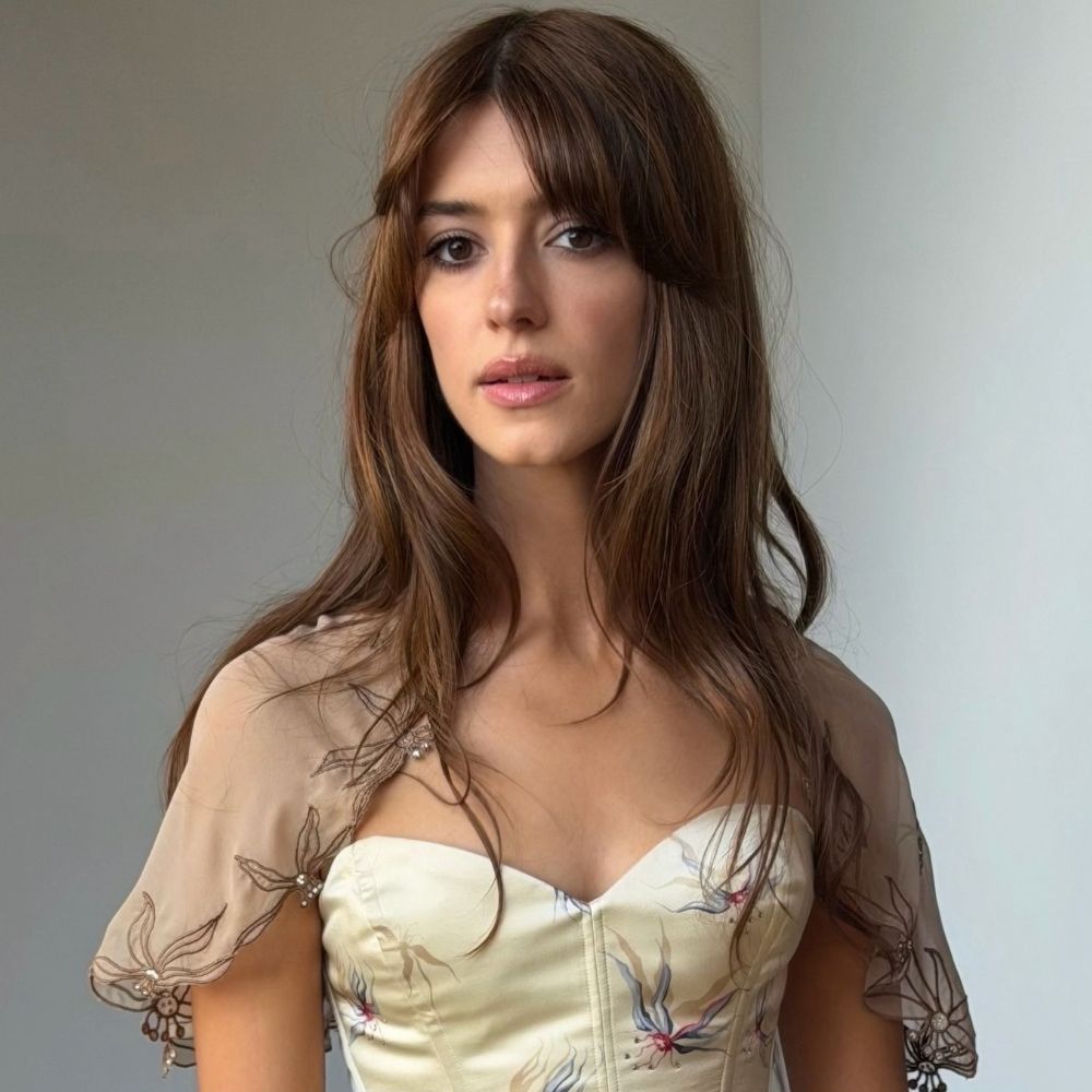 Daisy Edgar-Jones on the Sense and Sensibility press tour with a voluminous fringe hairstyle