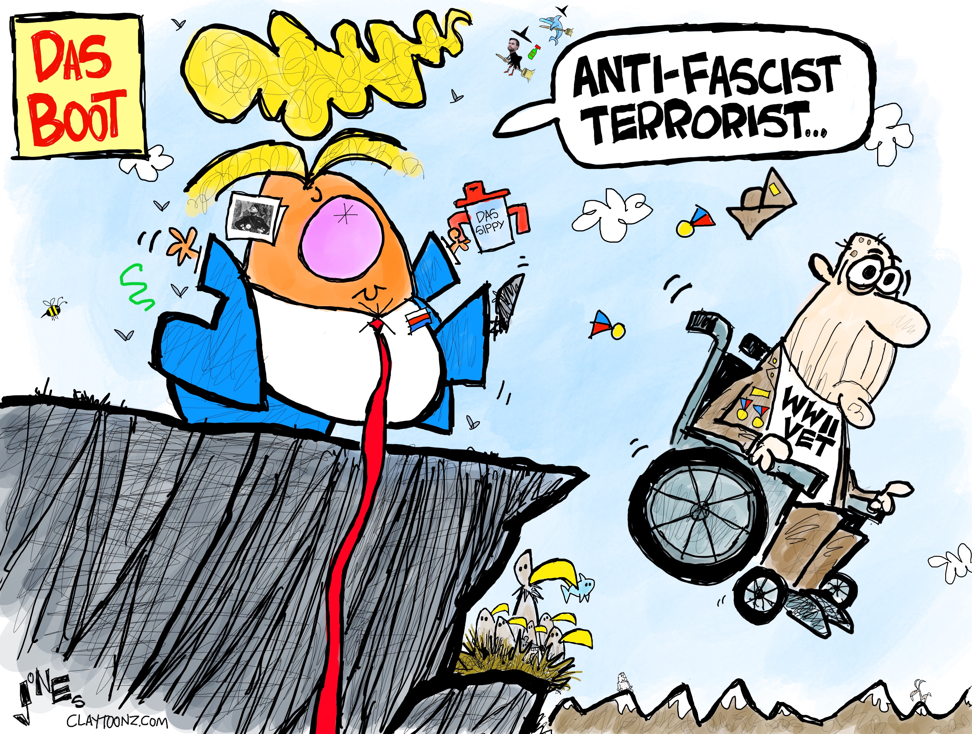 This is a Clay Jones cartoon drawn in a wildly comic style. It&amp;rsquo;s called &amp;ldquo;DAS BOOT&amp;rdquo; and depicts Donald Trump kicking a WWII veteran in a wheelchair off the side of a cliff. Trump says, &amp;ldquo;Anti-fascist terrorist.&amp;rdquo;