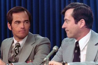Bob Crippen, left, with John Young at the March 1978 NASA press conference where they were announced as the crew of STS-1, the first test flight of the space shuttle.