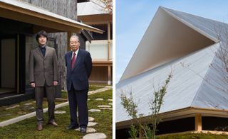 Pictured left: Hiroshi Sambuichi and Soichiro Fukutake. Right: an air tunnel is positioned on top of the hall’s roof – a variation of a traditional hip-and-gable roof – to control airflow within the building and receive the area’s north-south wind