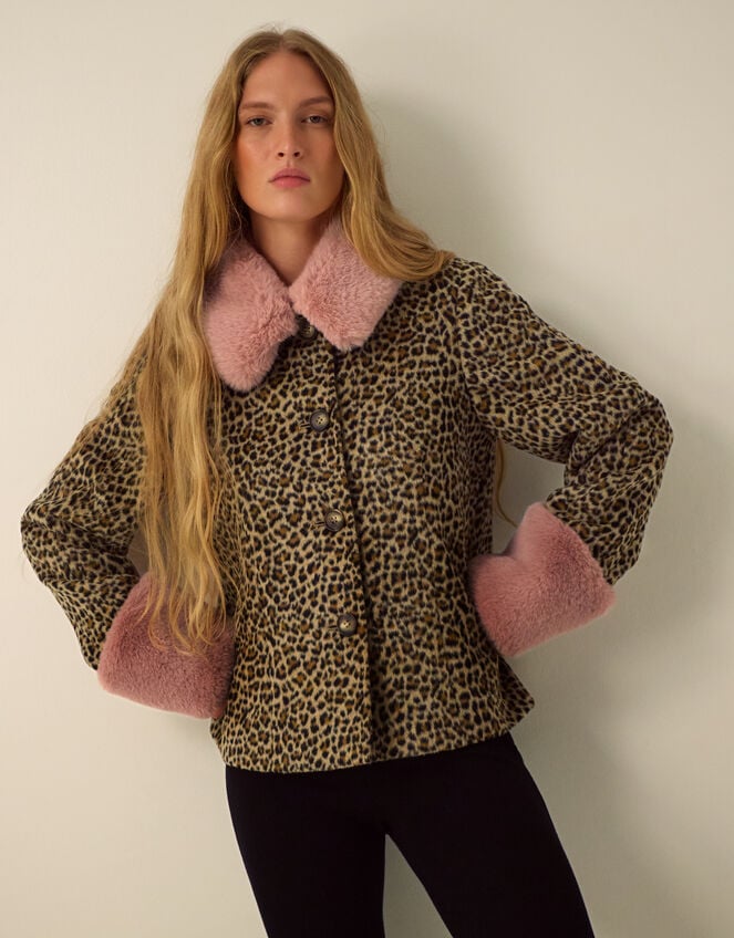 Monsoon X Queens of Archive Camilla Short Faux Fur Leopard Print Coat&amp;#8203; Brown