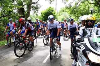 FOUGERES FRANCE JUNE 29 Thomas De Gendt of Belgium and Team Lotto Soudal Andr Greipel of Germany and Team Israel StartUp Nation The peloton protest due to lack of safety and multiple crashes during the 108th Tour de France 2021 Stage 4 a 1504km stage from Redon to Fougres LeTour TDF2021 on June 29 2021 in Fougeres France Photo by Michael SteeleGetty Images