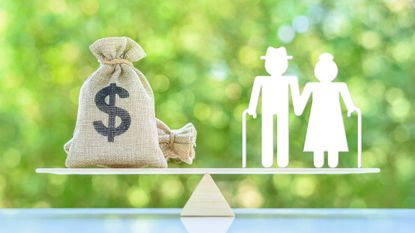 Illustration of a miniature elder couple standing on a balance scale across from a bag of money marked with a dollar sign