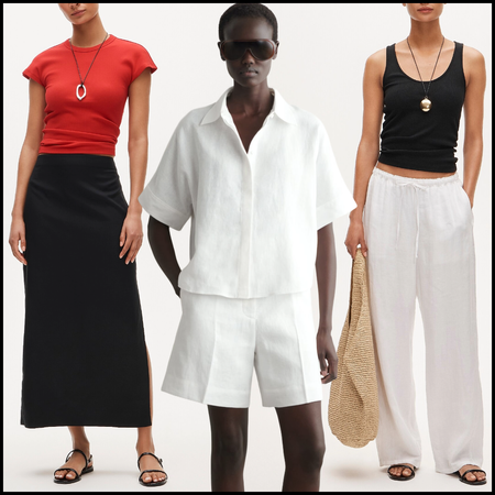 collage of models wearing linen from j.crew and cos on beige background with black border