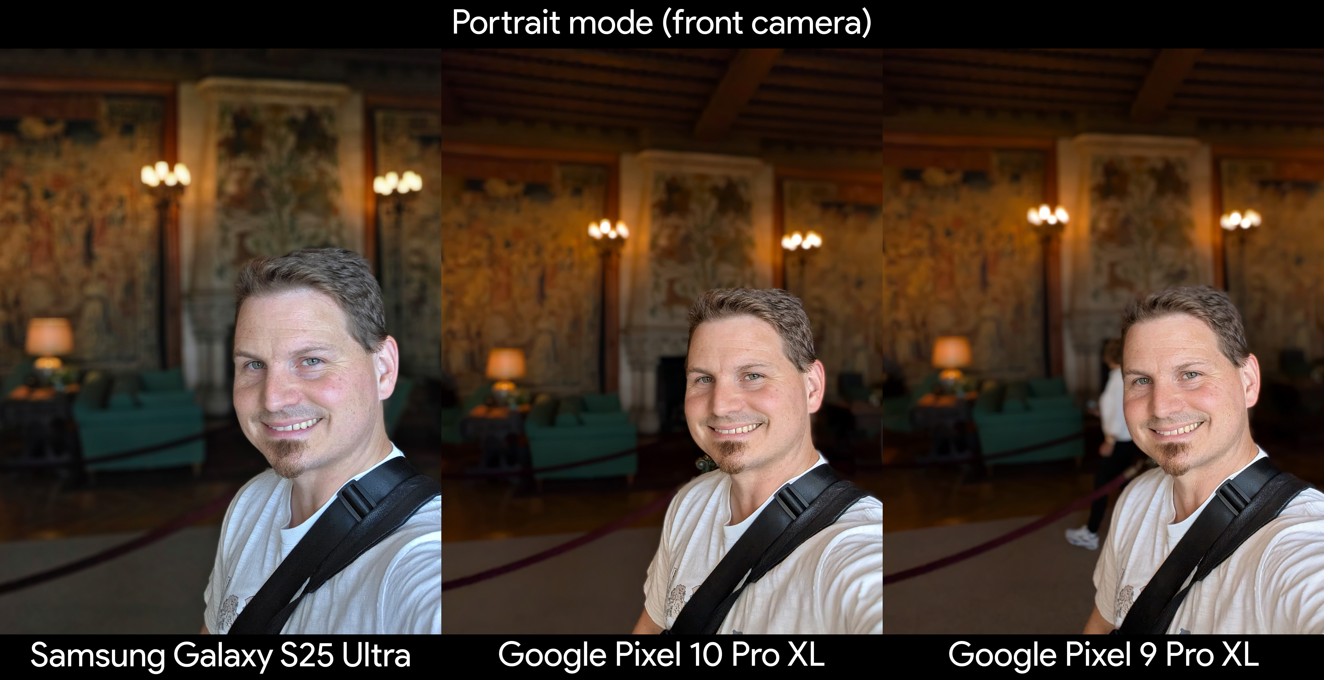 Comparing portrait mode quality from the front-facing camera of the Google Pixel 10 Pro XL, Samsung Galaxy S25 Ultra, and Google Pixel 9 Pro XL