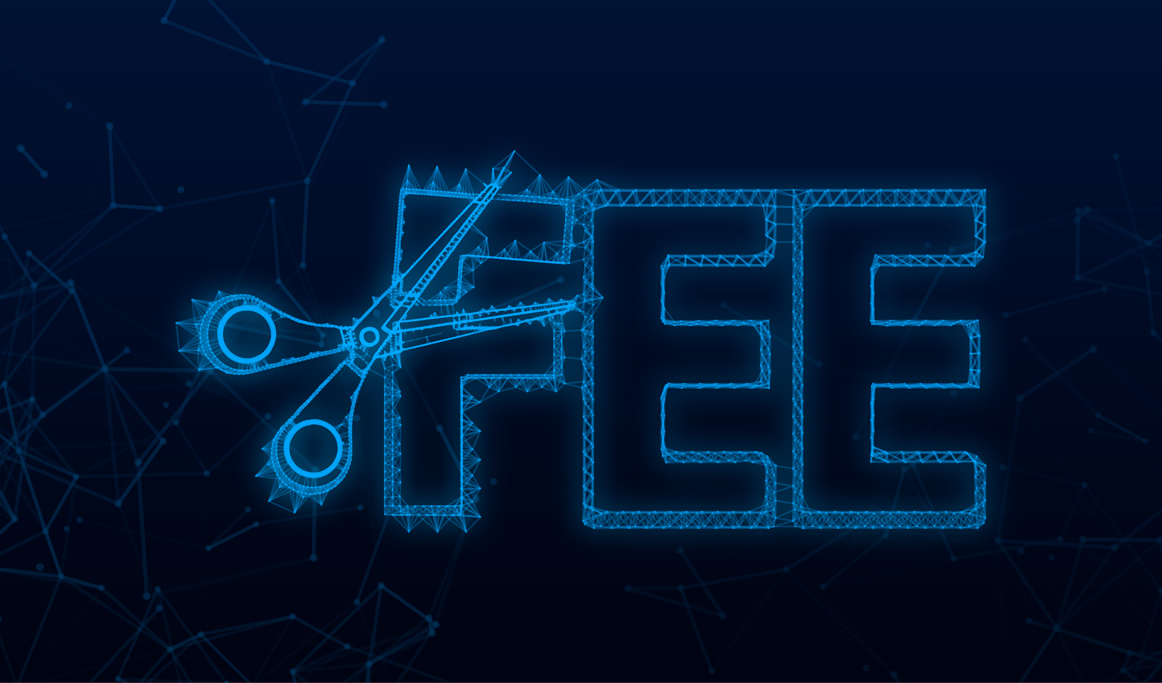 Blue neon light showing scisscors cutting into the word "fee"