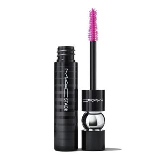 An opened black MAC mascara tube with a pink brush.