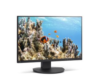 A bright Sharp NEC display that looks like an aquarium with vivid blue water, and coral reef, and bright orange fish swimming.