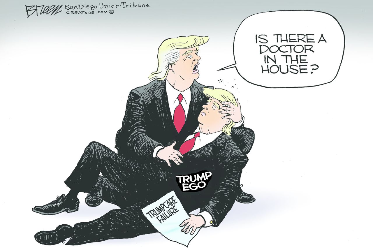 Political Cartoon U.S. President Trump ego Trumpcare health care replacement failure