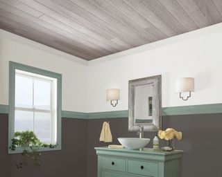 bathroom with wood effect ship lap panel ceiling in ash and mint fixtures