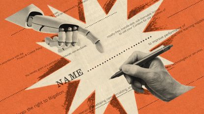 Photo collage of a robot hand pointing towards a dotted line, with a human hand with a pen about to sign. In the background, there's various floating pieces of text of predatory terms & conditions agreements.