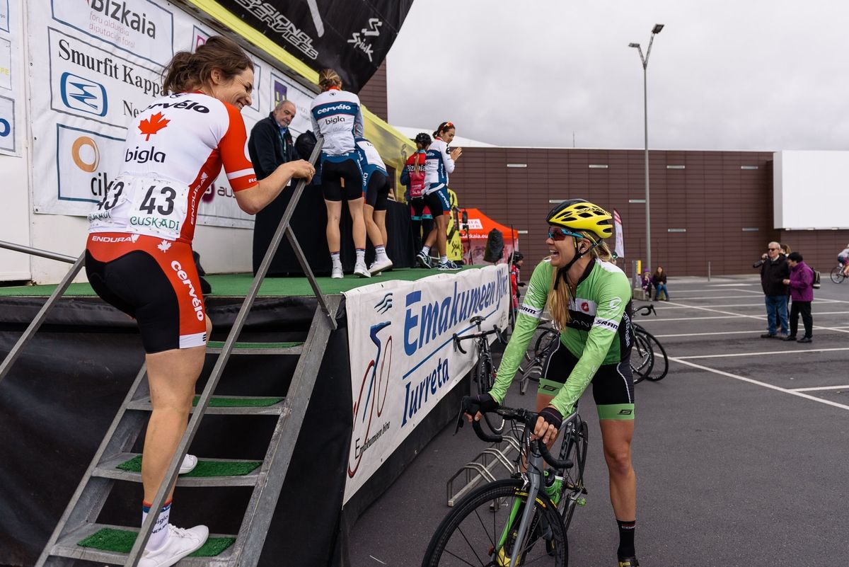 Old friends, Jo&euml;lle Numainville and Alison Tetrick catch up at sign in - Emakumeen Bira 2016 Stage 4