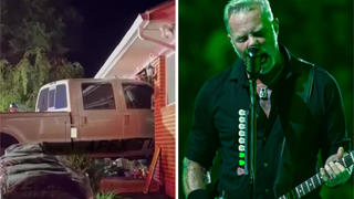 A pickup truck crashes through the front of a house, next to a picture of James Hetfield of Metallica singing in 2024