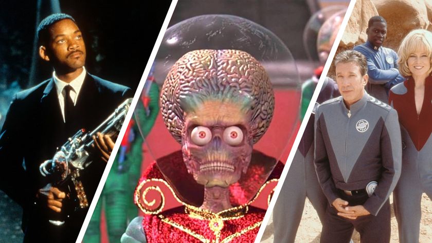 Image split into three showing a scene from Men in Black, Mars Attacks, and Galaxy Quest, 