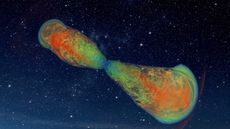 a star blasting multi-colored jets of energy out of its left and right side against a background of dark space