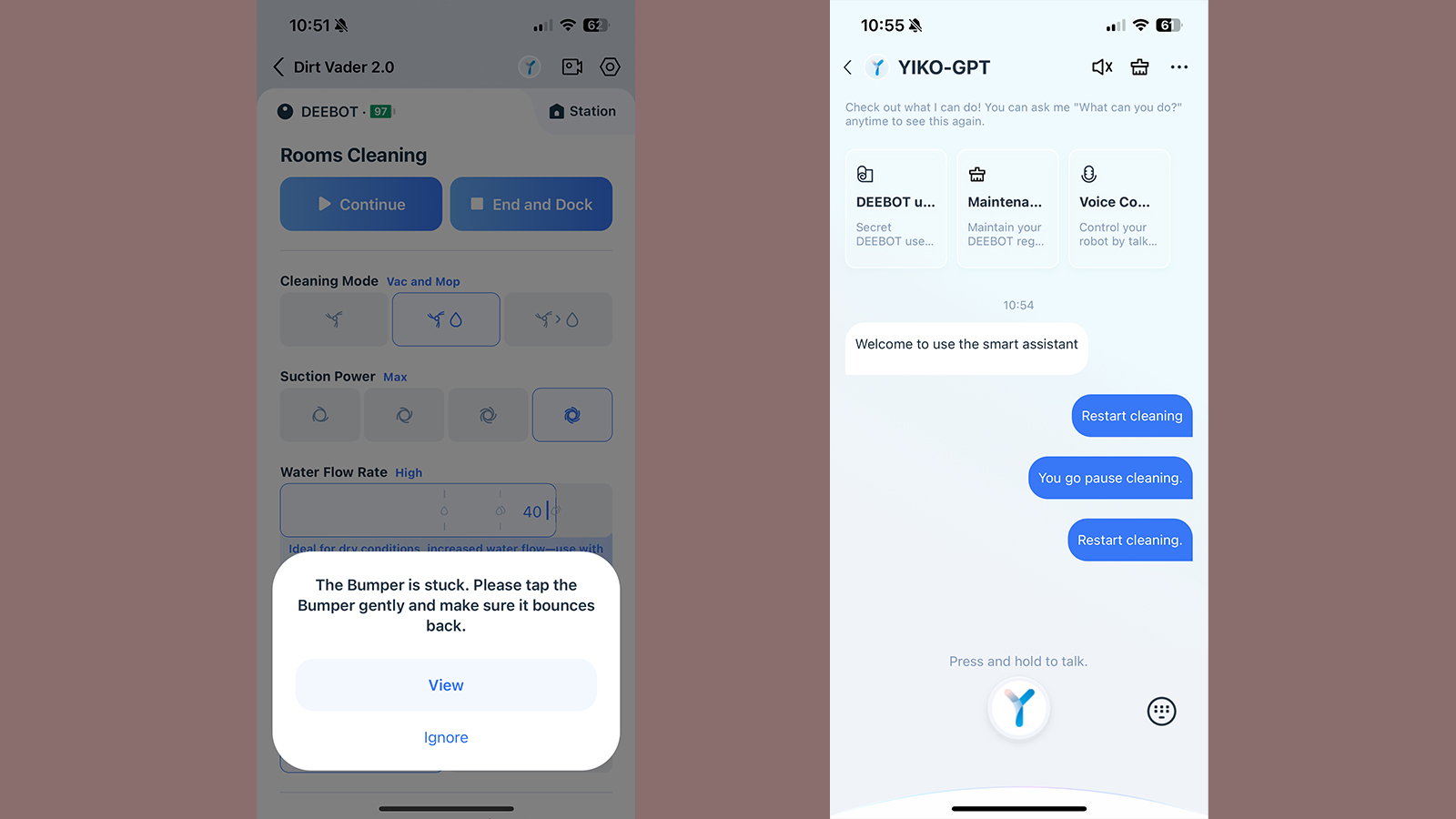 Screenshots of the Ecovacs Home app showing errors and Yiko conversations