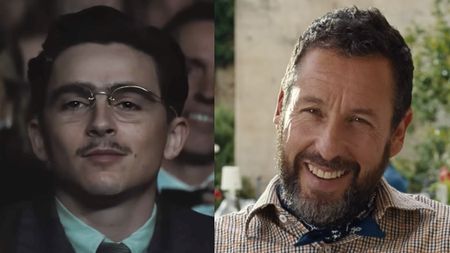 Chalamet starring as Marty Mauser in Marty Supreme (2025), Adam Sandler, in a plaid shirt, performing in the Netflix release Jay Kelly.