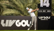 Martin Trainer tees off at the LIV Golf Promotions event in Abu Dhabi