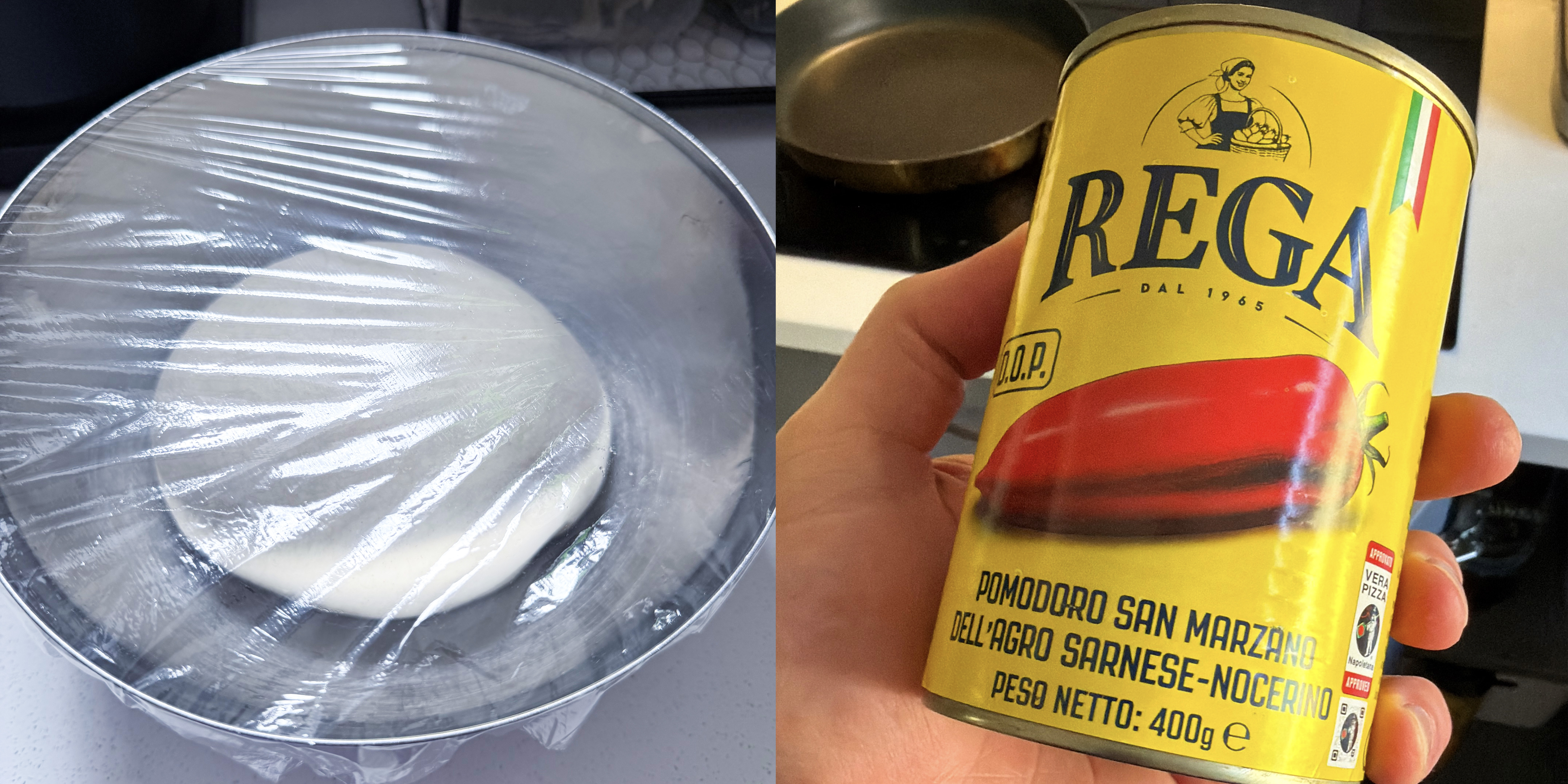 A split image with dough proving in a metal bowl on the left and a tin of Rega San Marzano tomatoes in hand on the right