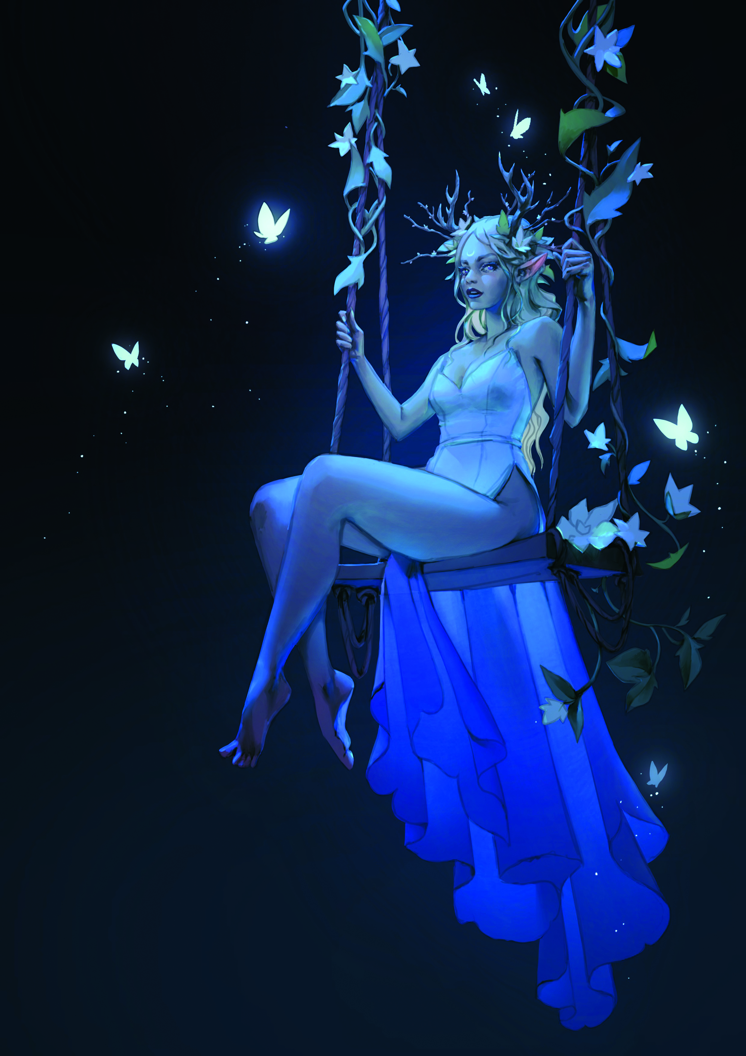 Digital art showing a fairy on a swing