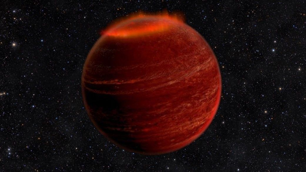 An illustration of a brown dwarf, a planet larger than Jupiter and massive enough to fuse atoms in its core