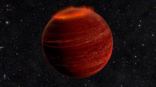 An illustration of a brown dwarf, a planet larger than Jupiter and massive enough to fuse atoms in its core