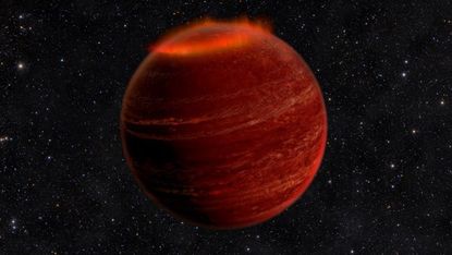 An illustration of a brown dwarf, a planet larger than Jupiter and massive enough to fuse atoms in its core