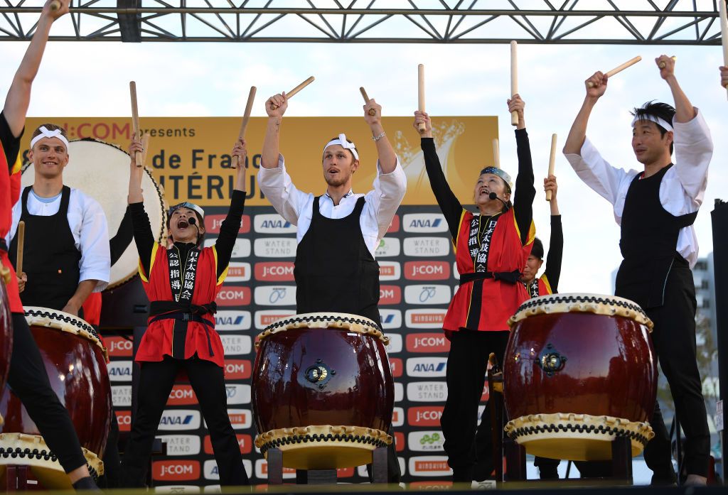 The riders learn taiko drumming