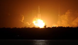A Chinese Long March 7 rocket launches the uncrewed Tianzhou-1 cargo ship into orbit from Wenchang Satellite Launch Center on Hainan Island on April 20, 2017.
