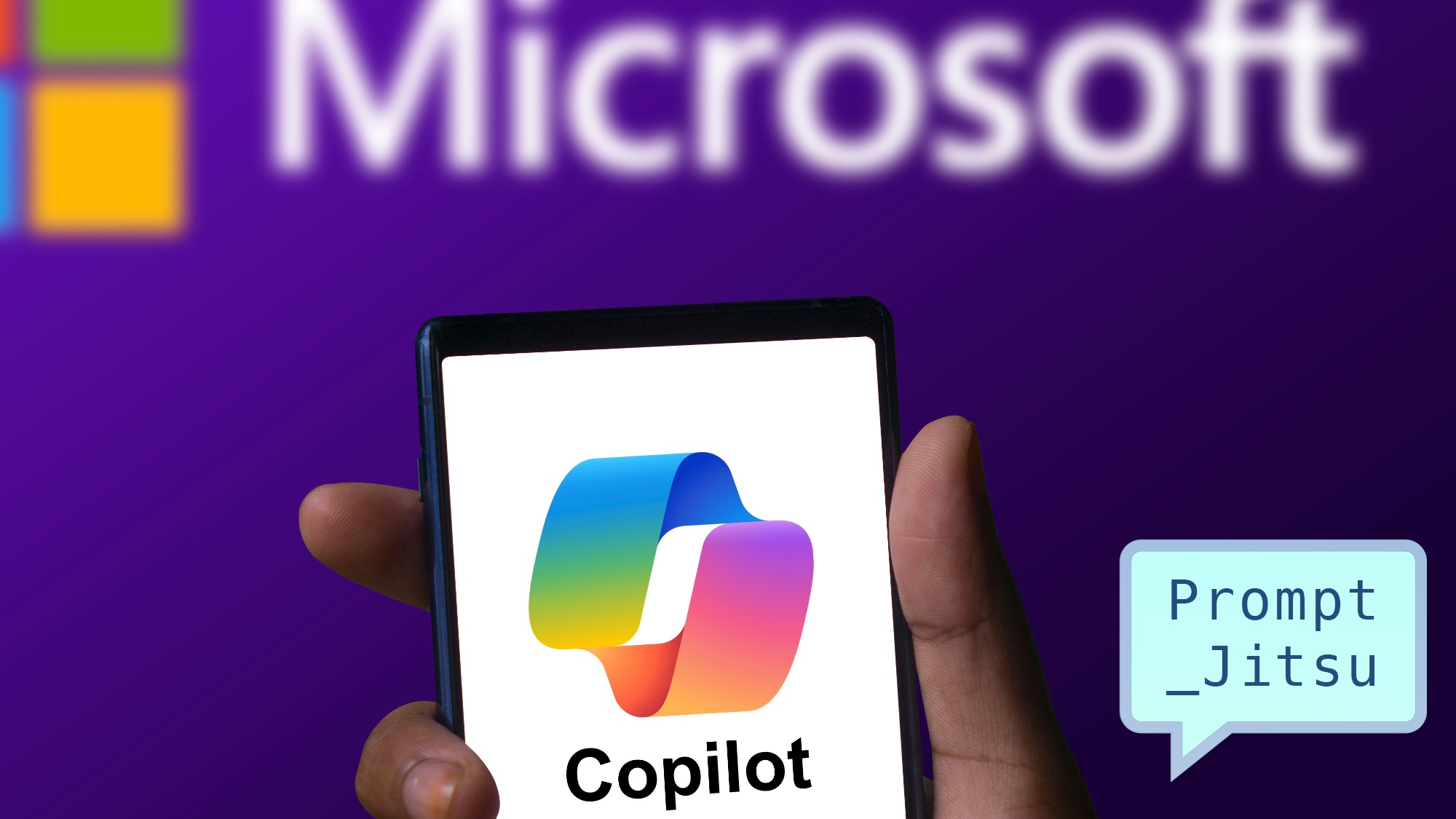 Microsoft Copilot app running on a phone with Microsoft logo in background