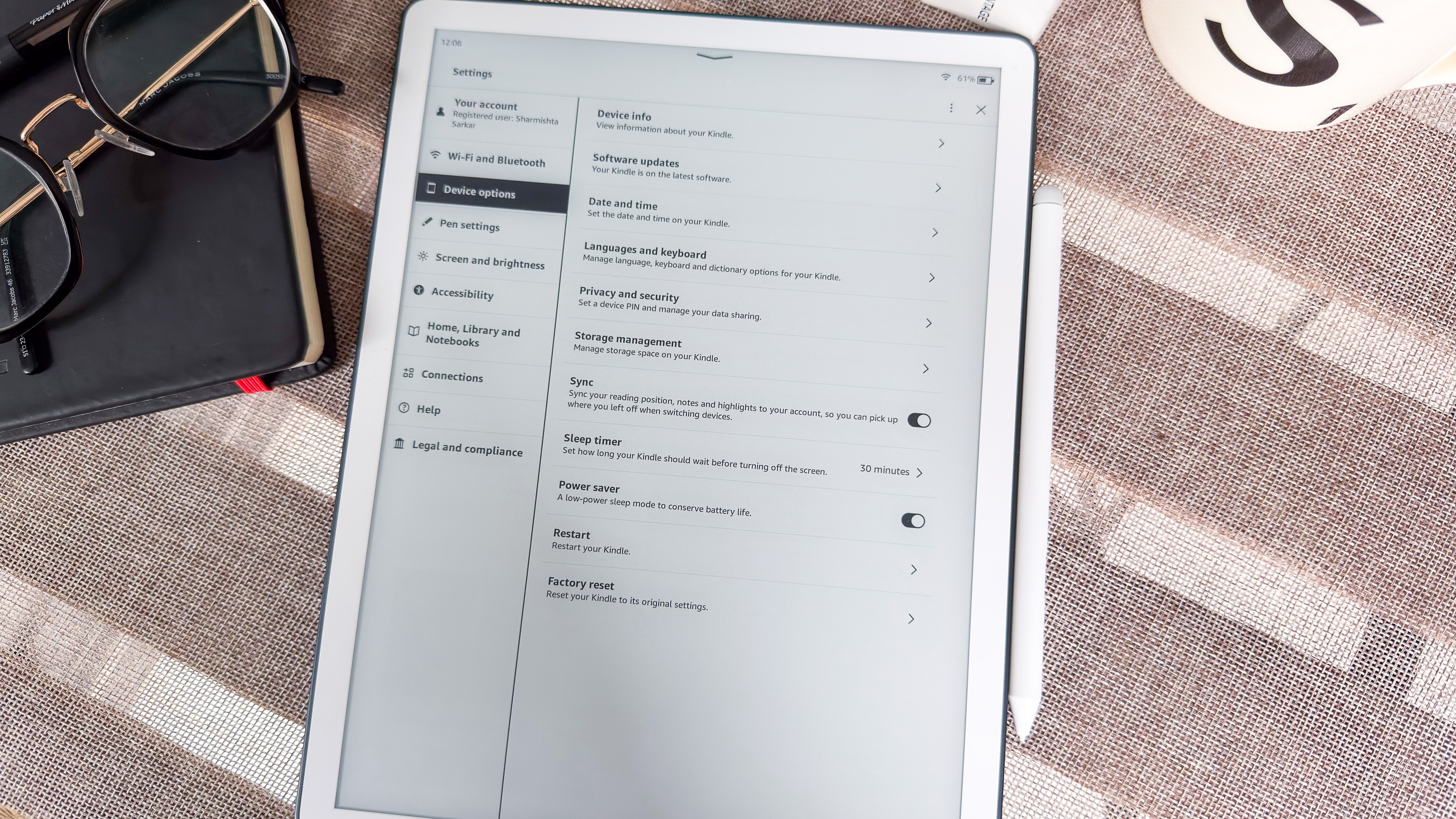 Settings pane on the 3rd generation Kindle Scribe