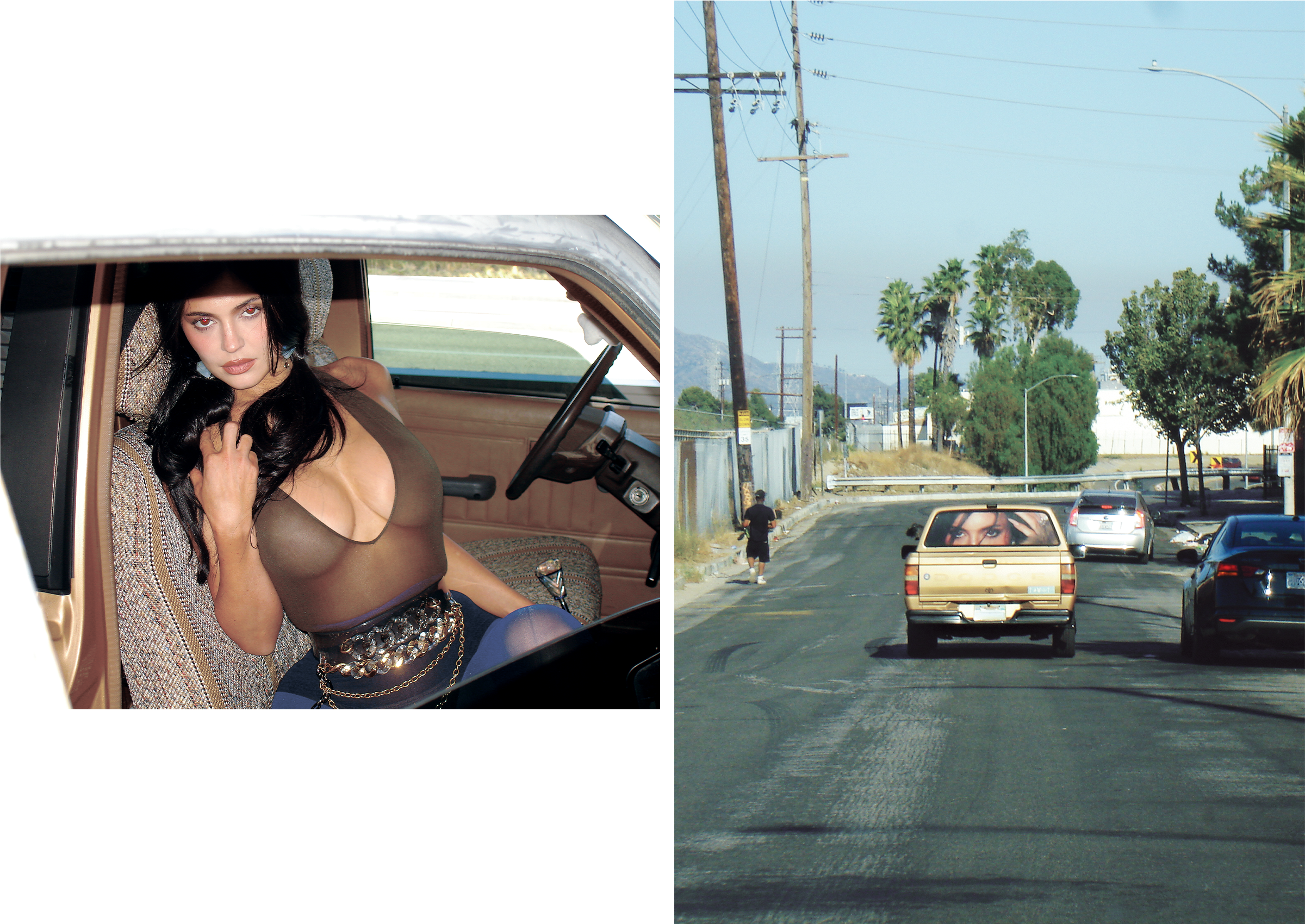 Left: Kylie Jenner sitting in the passenger seat of a truck wearing a Marc Jacobs bodysuit, thick chain belt, and purple tights. Right: A pickup truck with Kylie Jenner's face on the rear window.