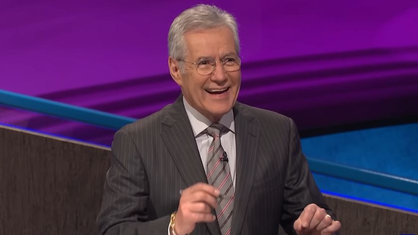Alex Trebek laughs on Jeopardy!