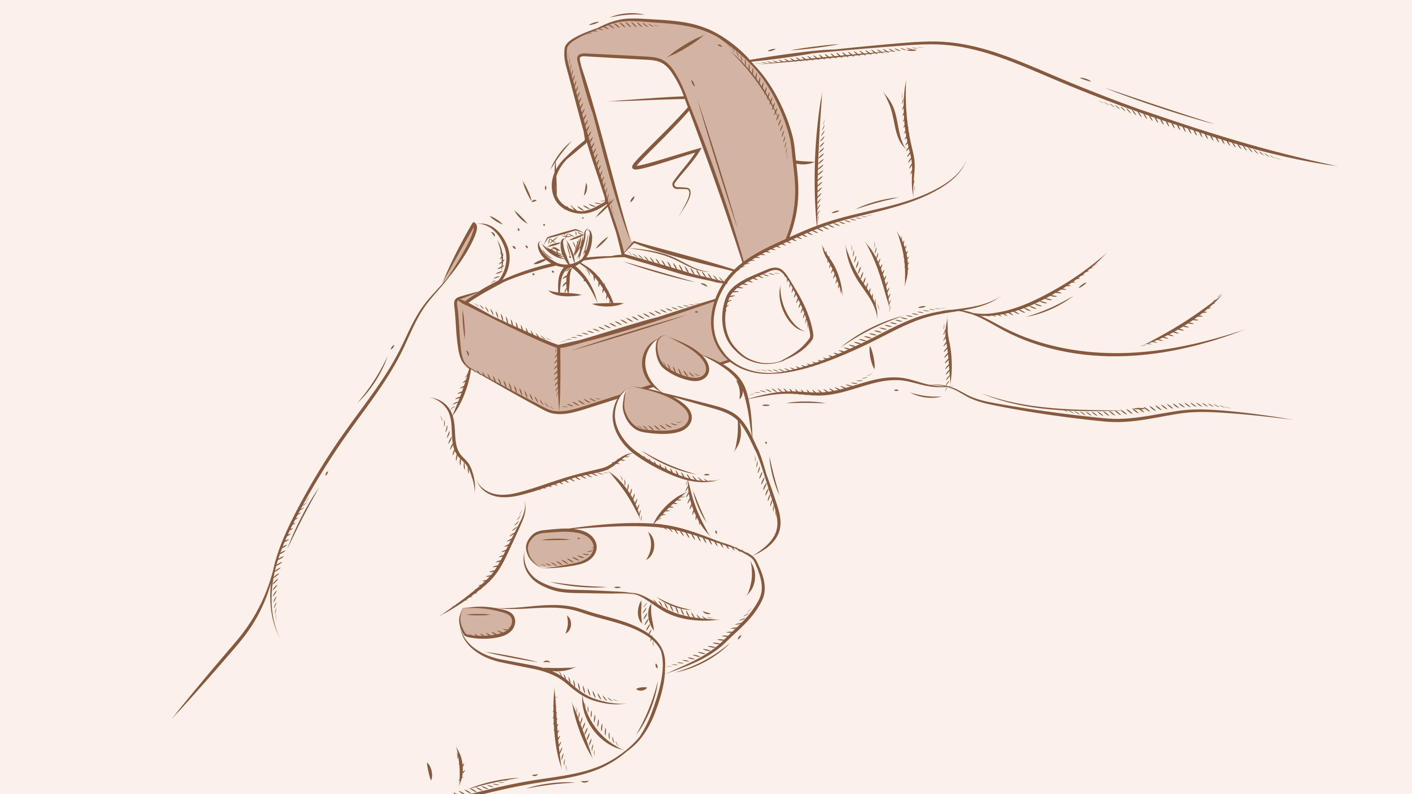 Illustration of a man presenting a woman with an engagement ring in a box