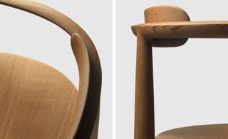 Side by side images, close-ups of the wood details for a chair highlighting the curvature in the design.