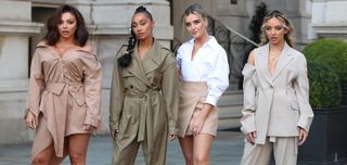 Little Mix seen leaving the Langham Hotel ahead of their performance of BBC Radio One Live Lounge