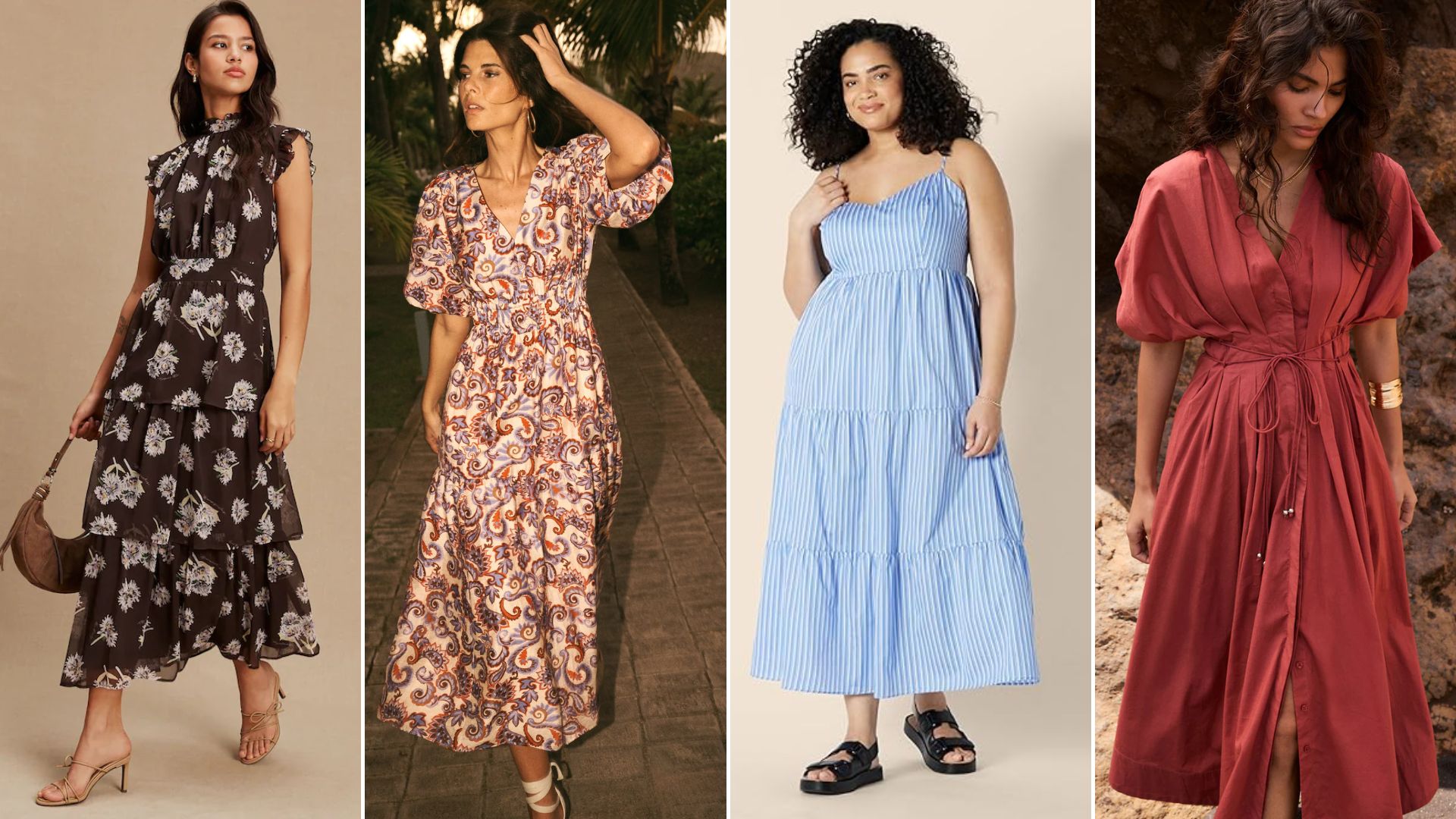 Models wearing Next, Boden, Amazon, Mint Velvet dresses to hide a tummy