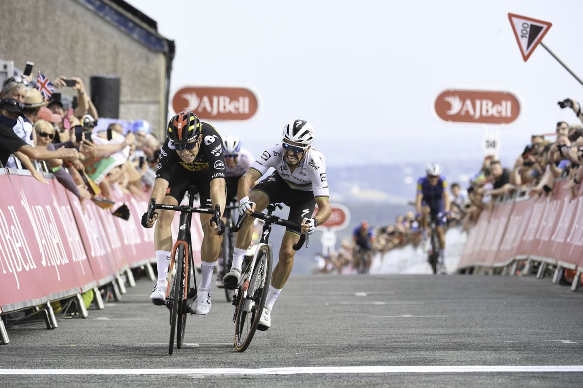 Picture by SWpix.com - 08/09/2021 - Cycling - AJ Bell Tour of Britain Stage 4 - Aberaeron to Great Orme, Llandudno, England - Jumbo Visma'a Wout Van Aert beats Deceuninck Quick-Step's Juliane Alaphilippe to the finish line to win the stage.