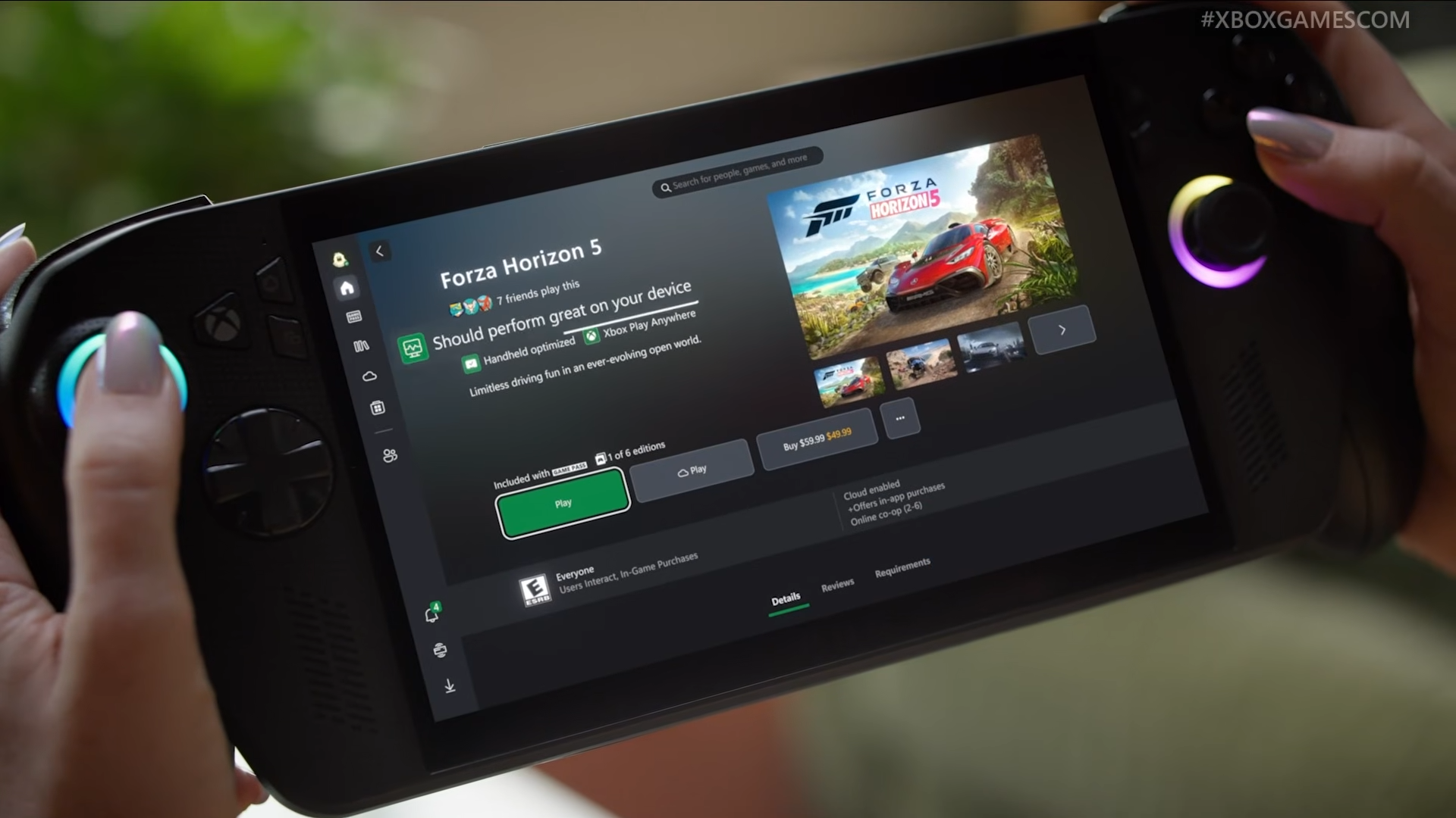 Hands holding ROG Xbox Ally X handheld with Forza Horizon game listing on screen and performance indicator label popping out.